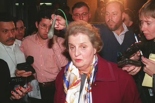 U.S. Ambassador to the United Nations Madeleine Albright is surrounded by reporters as she arrives Feb. 25, 1996, for United Nations Security Council consultations concerning the downing of two U.S. civilian planes by Cuban jets over waters north of Cuba. Albright is being remembered as a woman of conviction and determination who liked to say she told things like they were and not the way she might like them to be. Albright died of cancer Wednesday, March 23, 2022, at the age of 84. (AP Photo/Da