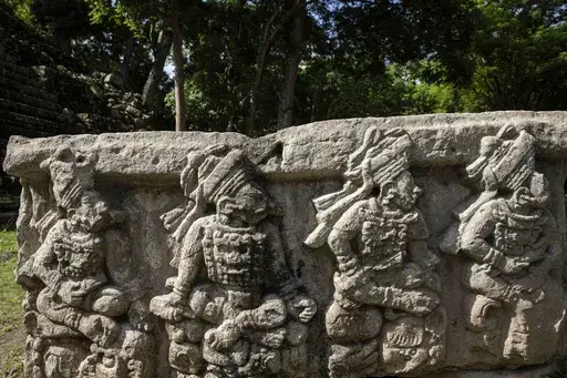 Altar Q that depicts 16 kings in the dynastic succession of the city is seen inside the archeological site of Copan, in Copan Ruinas, Honduras, Saturday, July 3, 2021. (AP Photo/Rodrigo Abd, File)