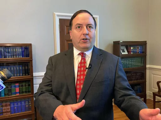 Missouri Secretary of State Jay Ashcroft speaks to reporters, June 29, 2022, at his state Capitol office in Jefferson City, Mo. A Missouri appeals court on Tuesday, Oct. 31, 2023, ruled against summaries — written by Republican Secretary of State Ashcroft — that described several abortion-rights amendments as allowing “dangerous and unregulated abortions until live birth.” (AP Photo/David A. Lieb, File)