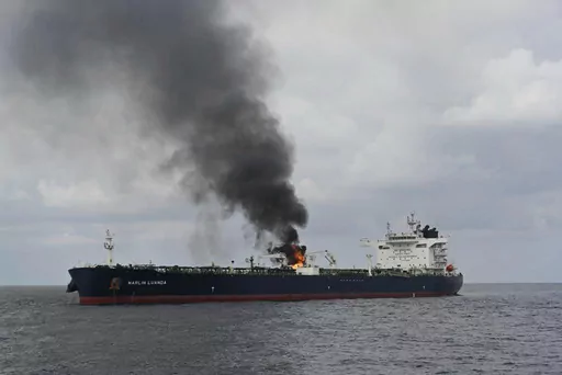 CAPTION CORRECTS LOCATION TO GULF OF ADEN In this photo provided by the Indian Navy on Saturday, Jan. 27, 2024, a view of the oil tanker Marlin Luanda on fire after an attack, in the Gulf of Aden. The crew aboard a Marshall Islands-flagged tanker hit by a missile launched by Yemen’s Houthi rebels is battling a fire onboard the stricken vessel sparked by the strike. (Indian Navy via AP)