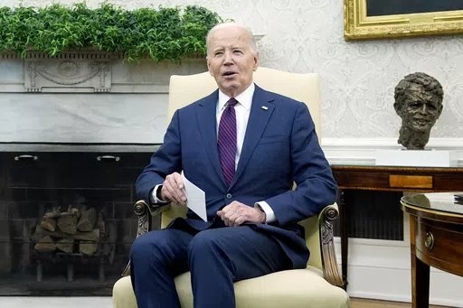 President Joe Biden speaks during a meeting with Prime Minister Petr Fiala of the Czech Republic in the Oval Office at the White House, April 15, 2024. Biden’s latest plan for student loan cancellation is moving forward as a proposed regulation, offering him a fresh chance to deliver on a campaign promise and energize young voters ahead of the November election. The Education Department on Tuesday filed paperwork for a new regulation that would deliver the cancellation the Democratic president