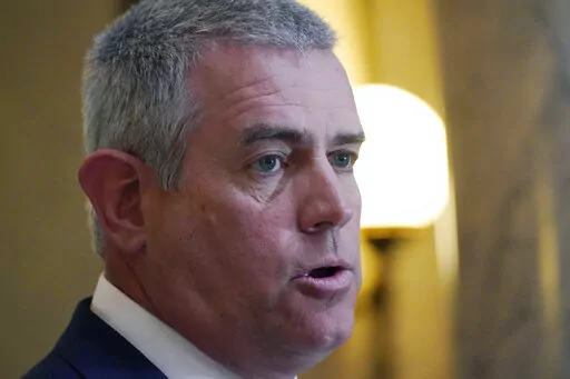 Speaker Philip Gunn, R-Clinton, presents to reporters the House's position on their state income tax elimination legislation at the Mississippi Capitol in Jackson, Tuesday, March 15, 2022. (AP Photo/Rogelio V. Solis)