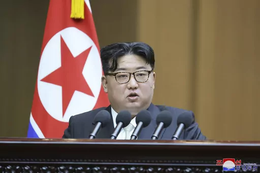 In this photo provided by the North Korean government, North Korean leader Kim Jong Un speaks at the Supreme People’s Assembly in Pyongyang, North Korea Monday, Jan. 15, 2024. Independent journalists were not given access to cover the event depicted in this image distributed by the North Korean government. The content of this image is as provided and cannot be independently verified. Korean language watermark on image as provided by source reads: "KCNA" which is the abbreviation for Korean Cen