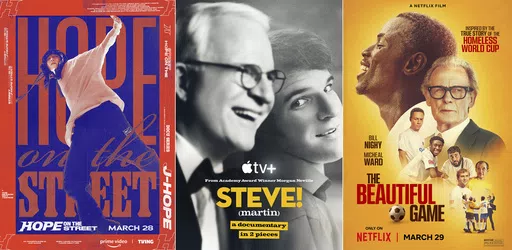 This combination of photos shows promotional art for the docuseries "Hope on the Street," about BTS member j-hope, left, the documentary "Steve! (Martin) a Documentary in 2 Pieces," and the film "The Beautiful Game." (Prime Video/Apple TV+/Netflix via AP)
