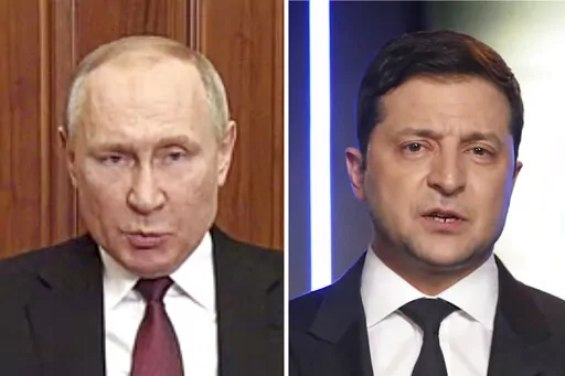 In these frames from Feb. 24, 2022, videos, Russian President Vladimir Putin, left, speaks in Moscow and Ukrainian President Volodymyr Zelenskyy speaks in Kyiv. (Russian Presidential Press Service and Ukrainian Presidential Press Office via AP)
